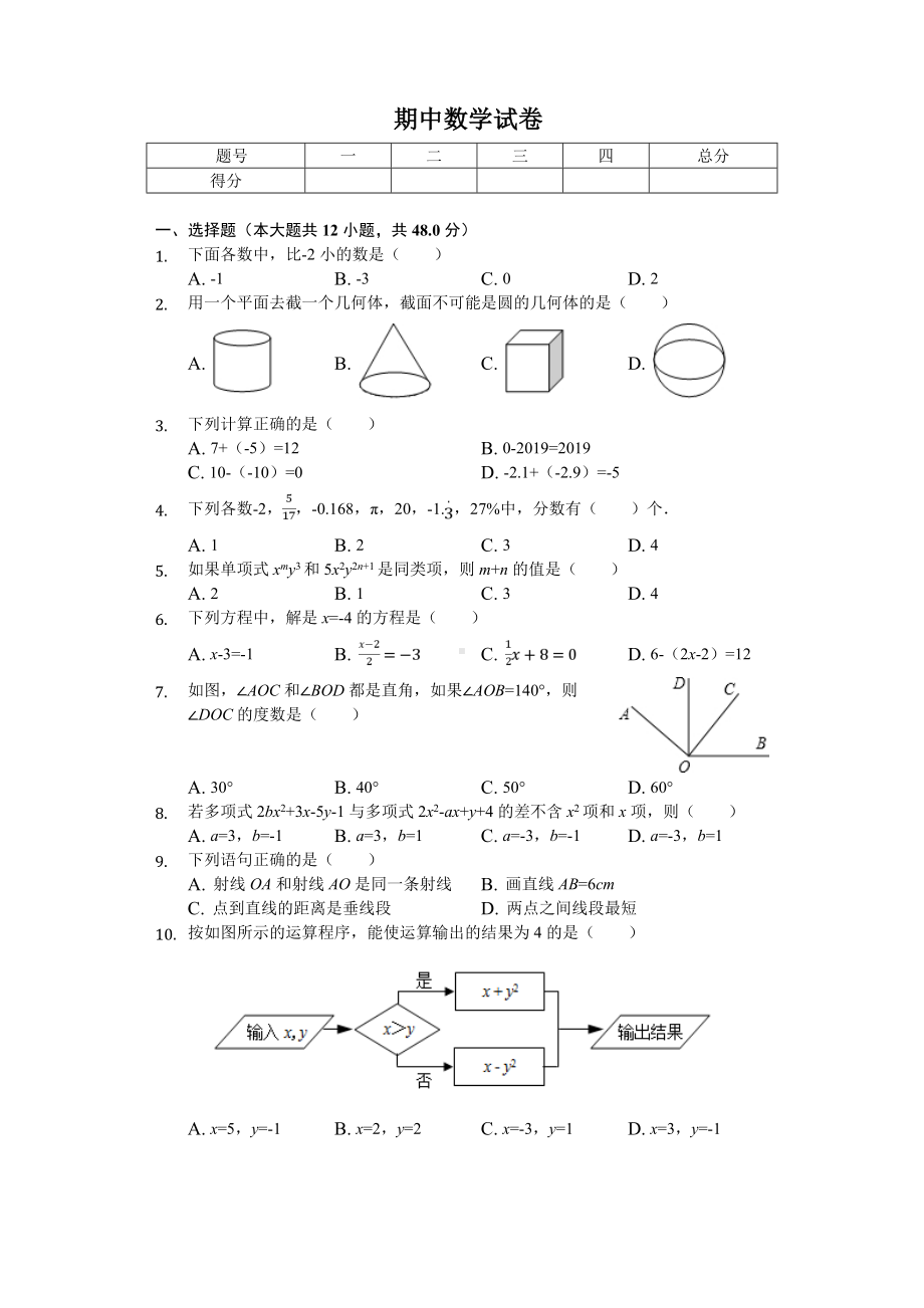 2020年重庆市渝中区某中学七年级(上)期中数学试卷.doc_第1页