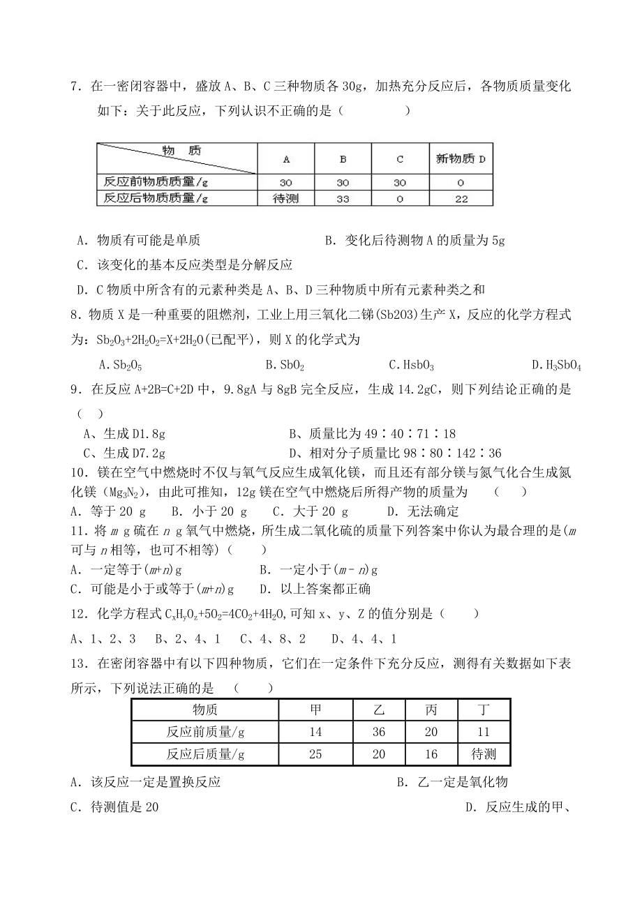 人教版九年级化学第五单元测试题及答案.doc_第2页