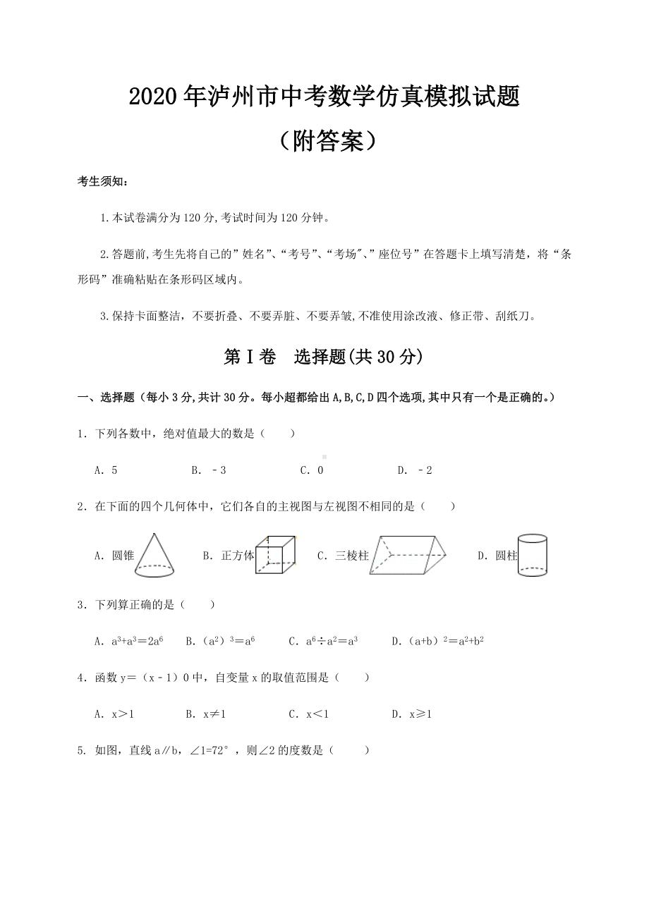 2020年泸州市中考数学仿真模拟试题(附答案).doc_第1页