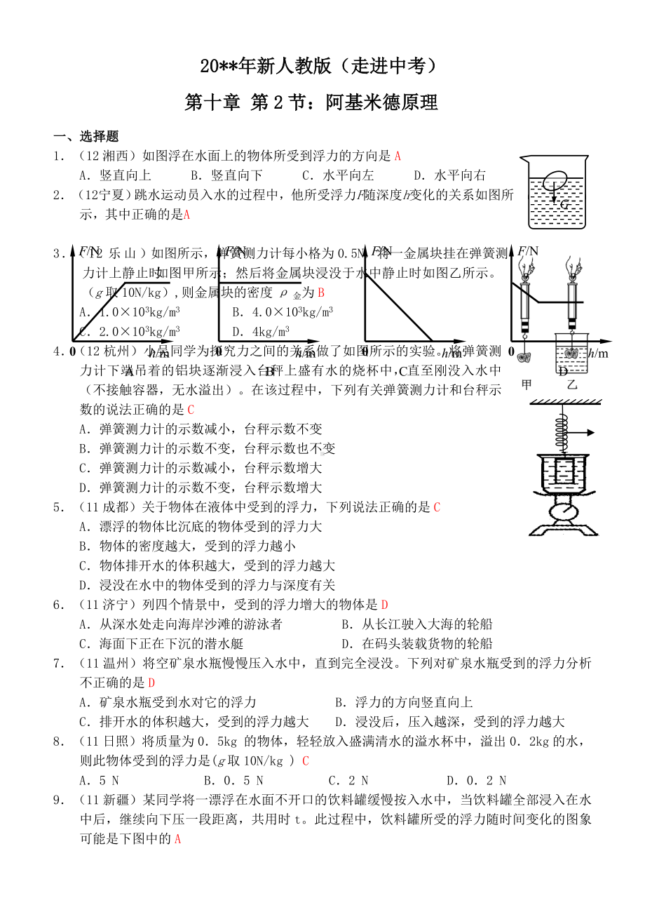 人教版初中物理第10章第2节：阿基米德原理精选试题及答案.docx_第1页
