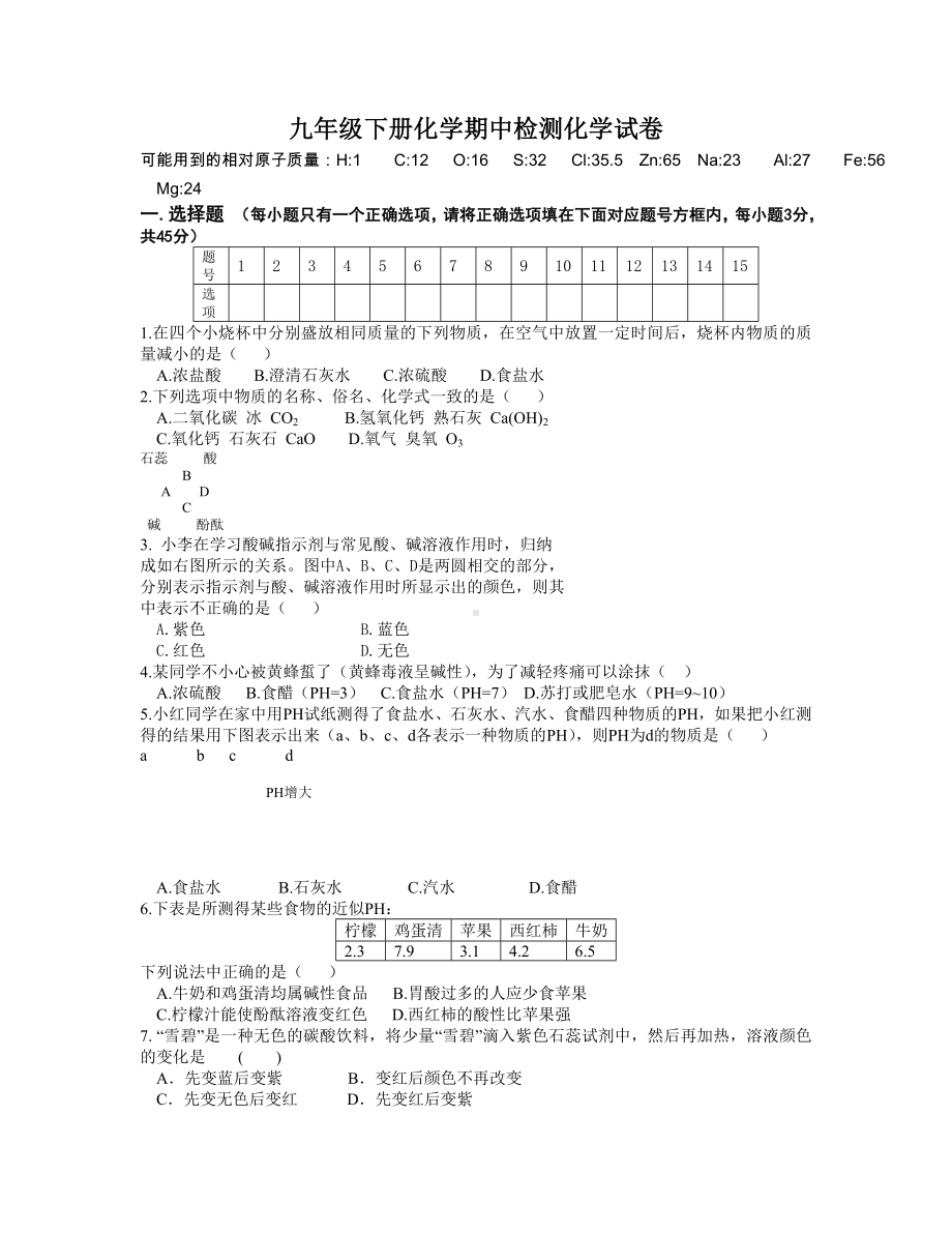 九年级化学下册第一学期期中检测化学试卷.doc_第1页