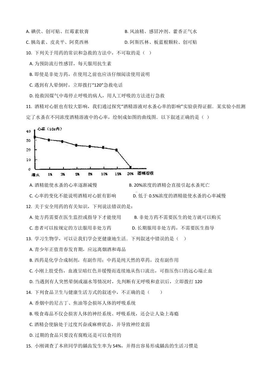 2019年春苏科版八年级下册生物-第25章-现代生活与人类的健康-单元练习题(无答案).doc_第2页