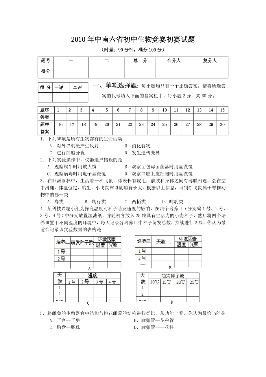 中南六省初中生物竞赛初赛试题含答案.doc_第1页