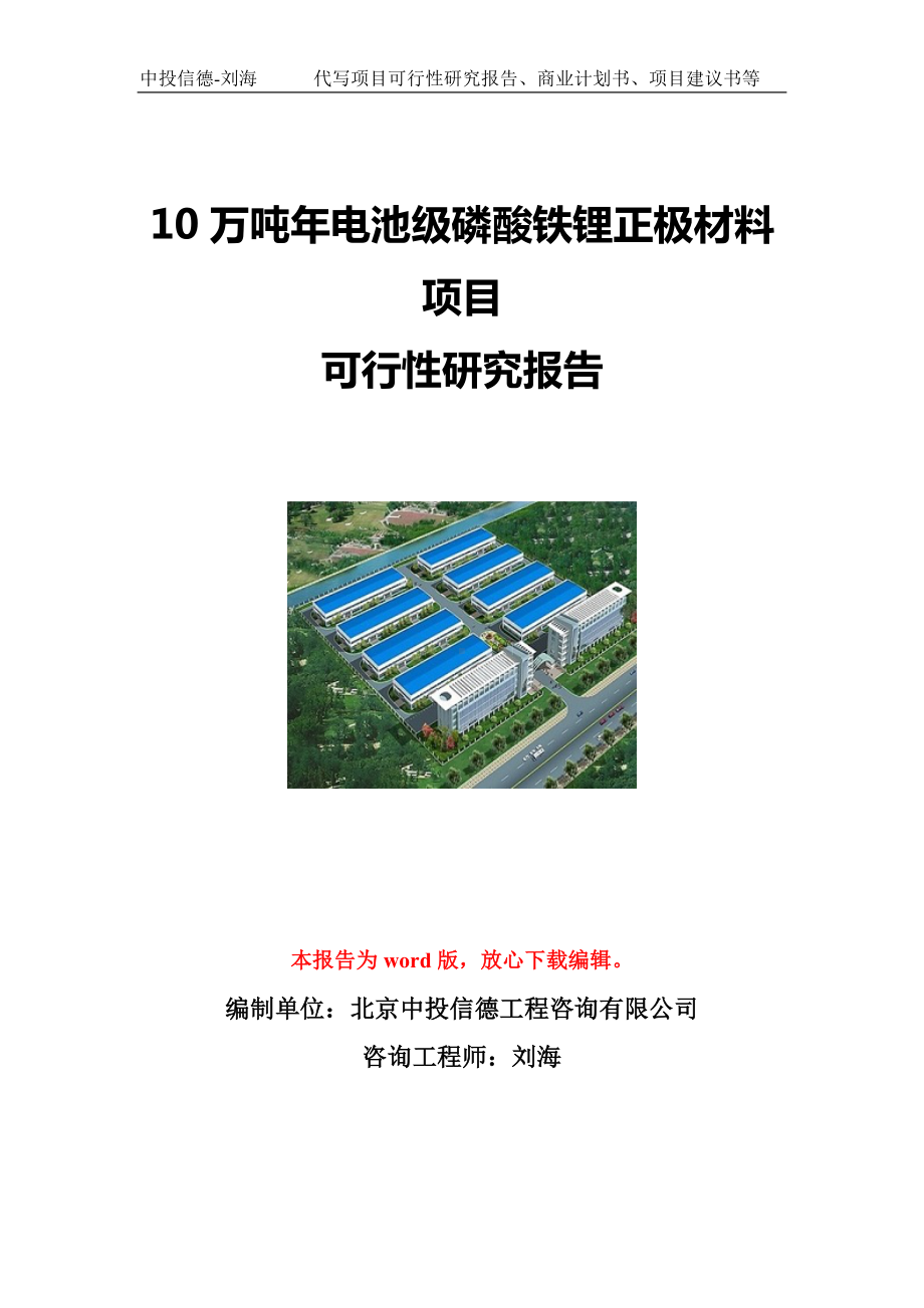 10万吨年电池级磷酸铁锂正极材料项目可行性研究报告写作模板立项备案文件.doc_第1页