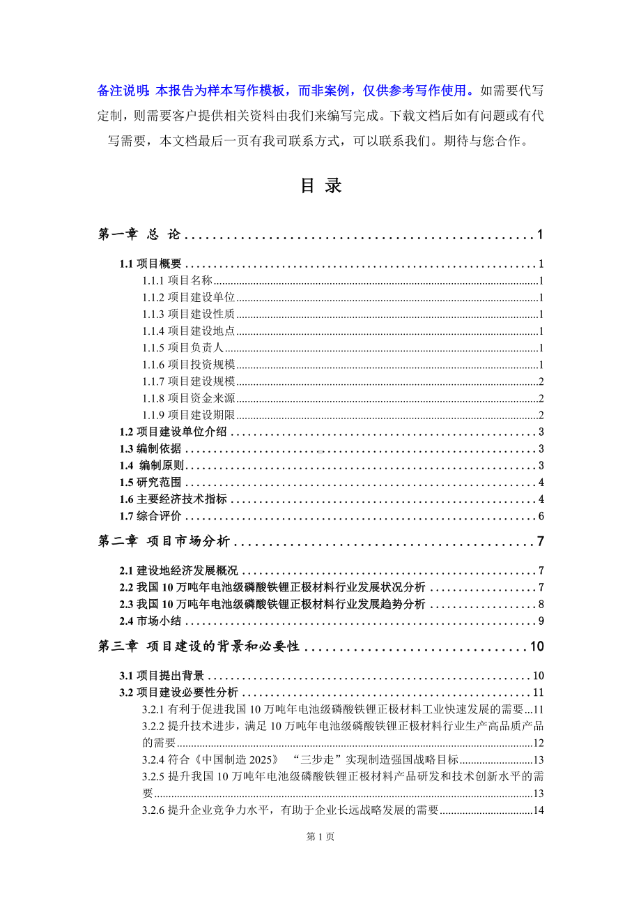 10万吨年电池级磷酸铁锂正极材料项目可行性研究报告写作模板立项备案文件.doc_第2页