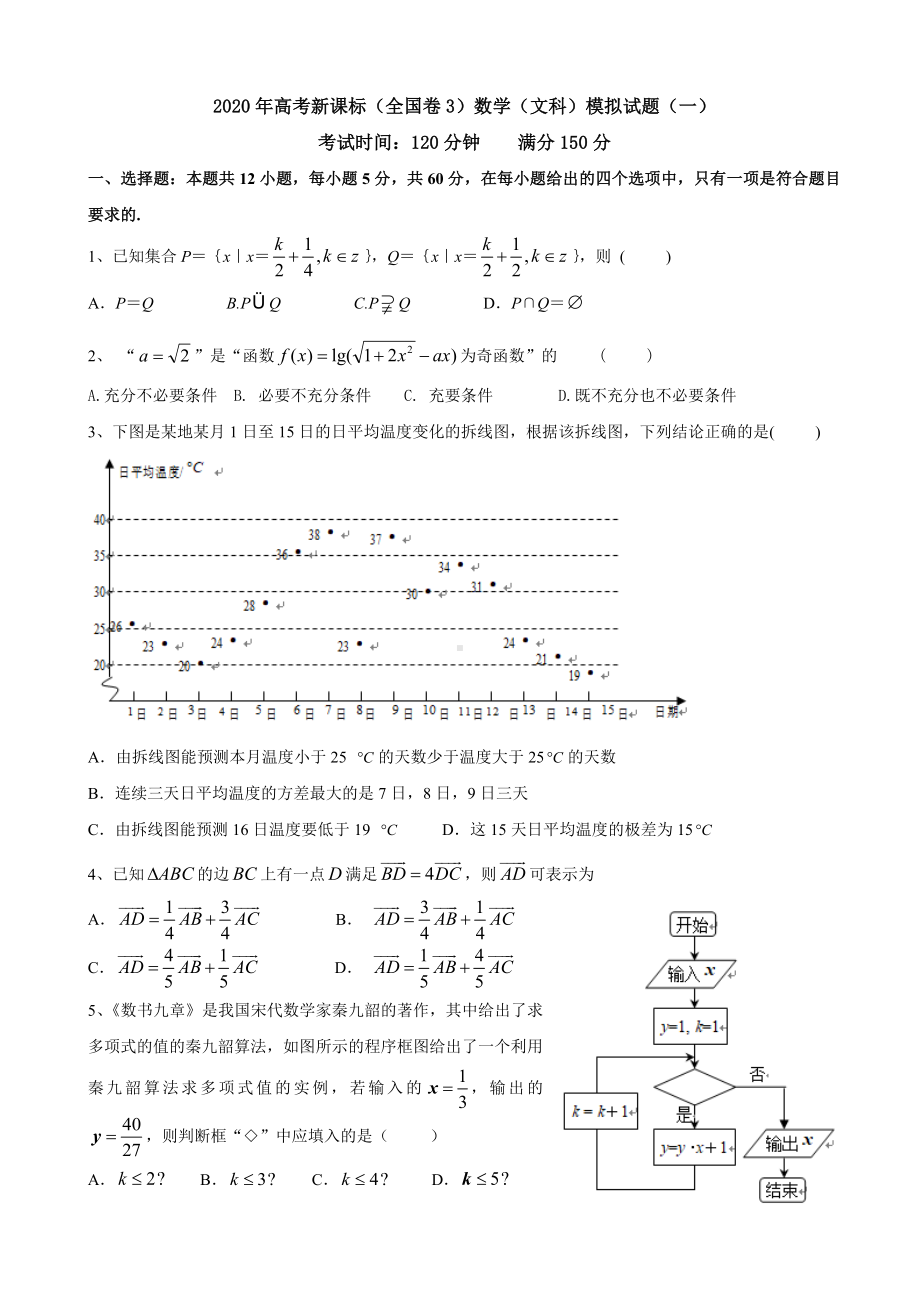 2020年高考新课标(全国卷3)数学(文科)模拟试题(一).doc_第1页