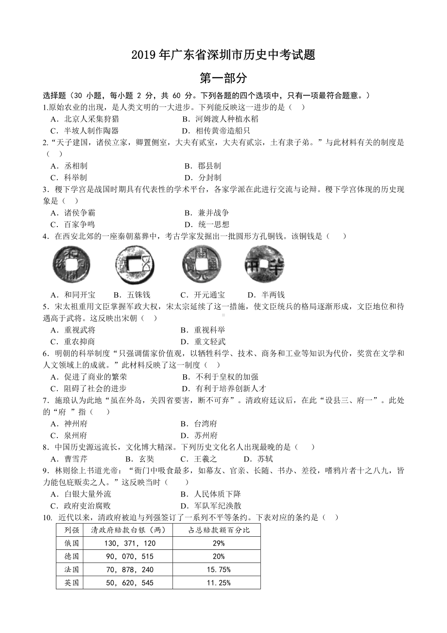 2019年广东省深圳市历史中考试题及答案.doc_第1页