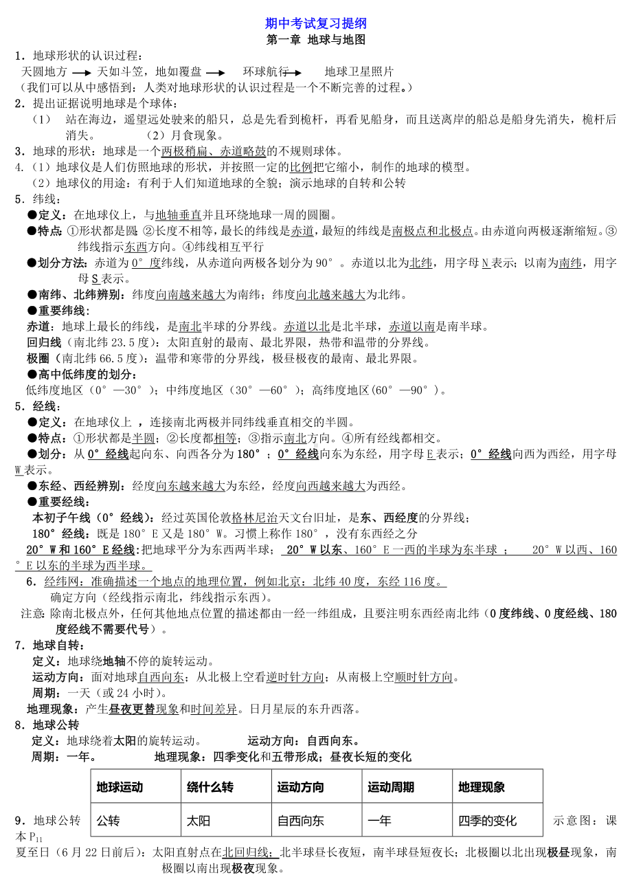 人教版七年级上册地理期中考试复习资料.doc_第1页