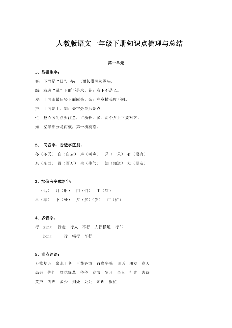 人教版小学语文一年级下册知识点梳理与总结.docx_第1页