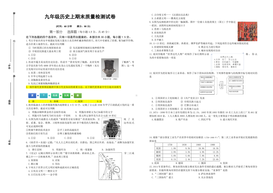 （部编版）九年级历史上期末质量检测试卷及参考答案.doc_第1页