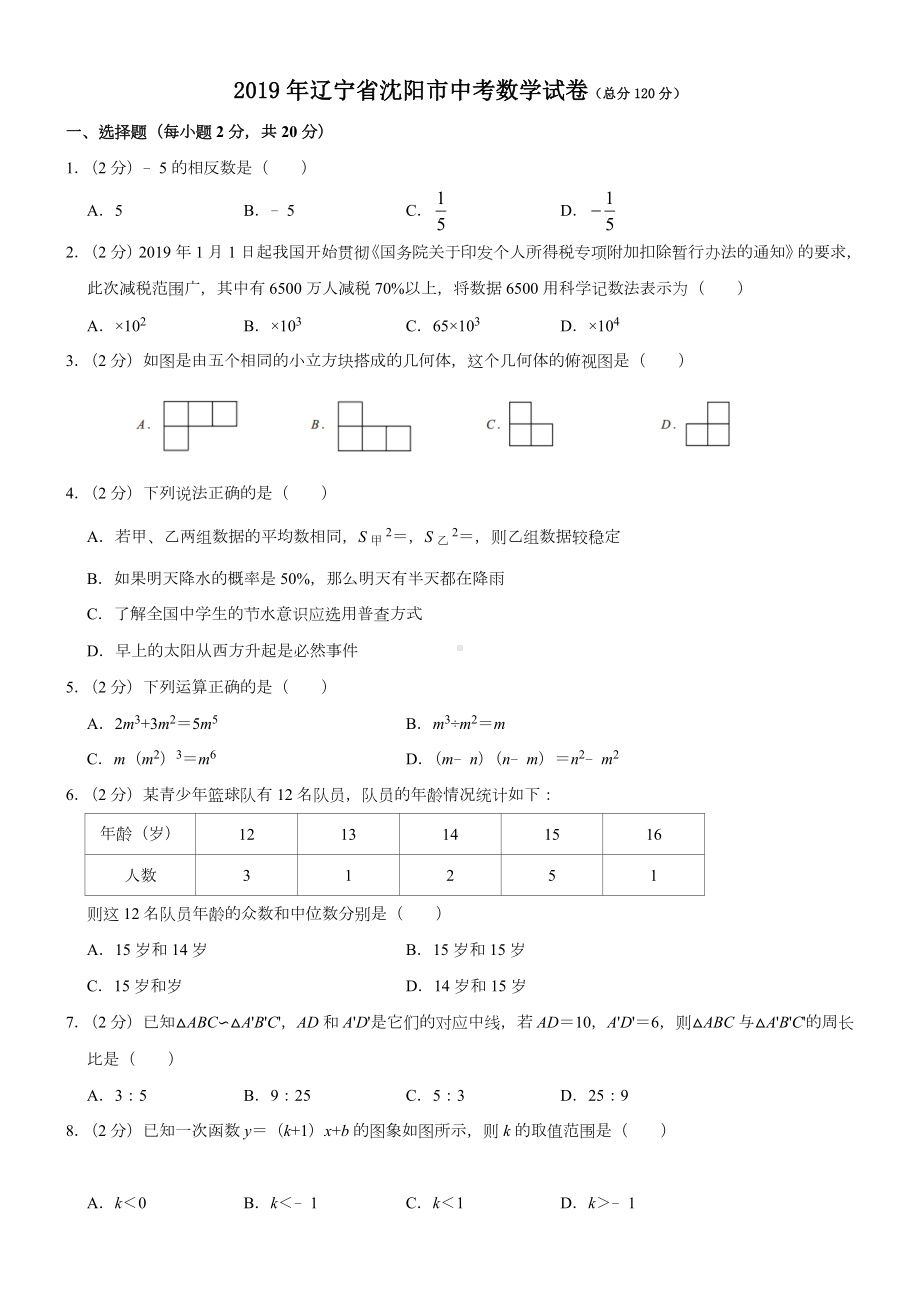 2019年辽宁省沈阳市中考数学试题及答案解析版.doc_第1页