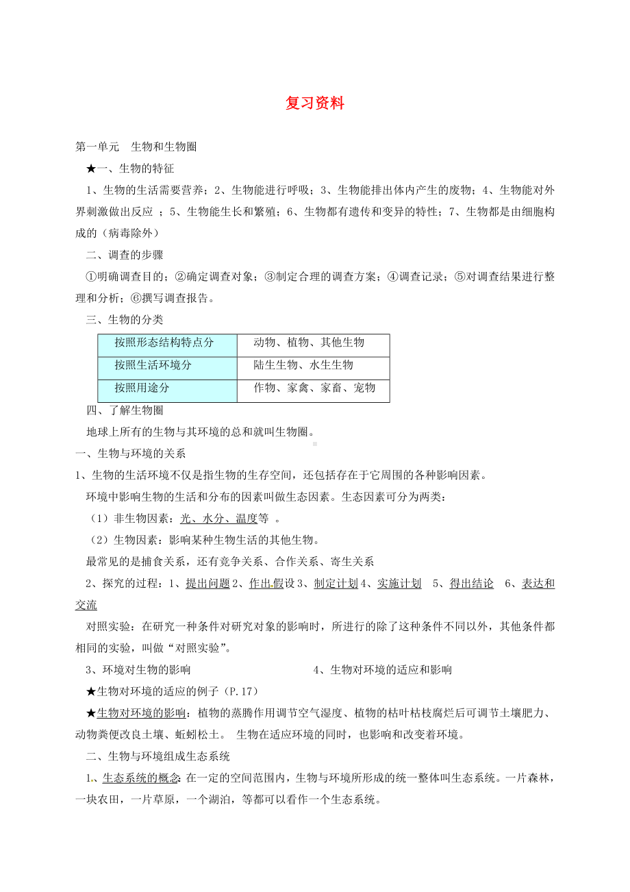 2019七年级生物上册复习资料-(新版)新人教版.doc_第1页