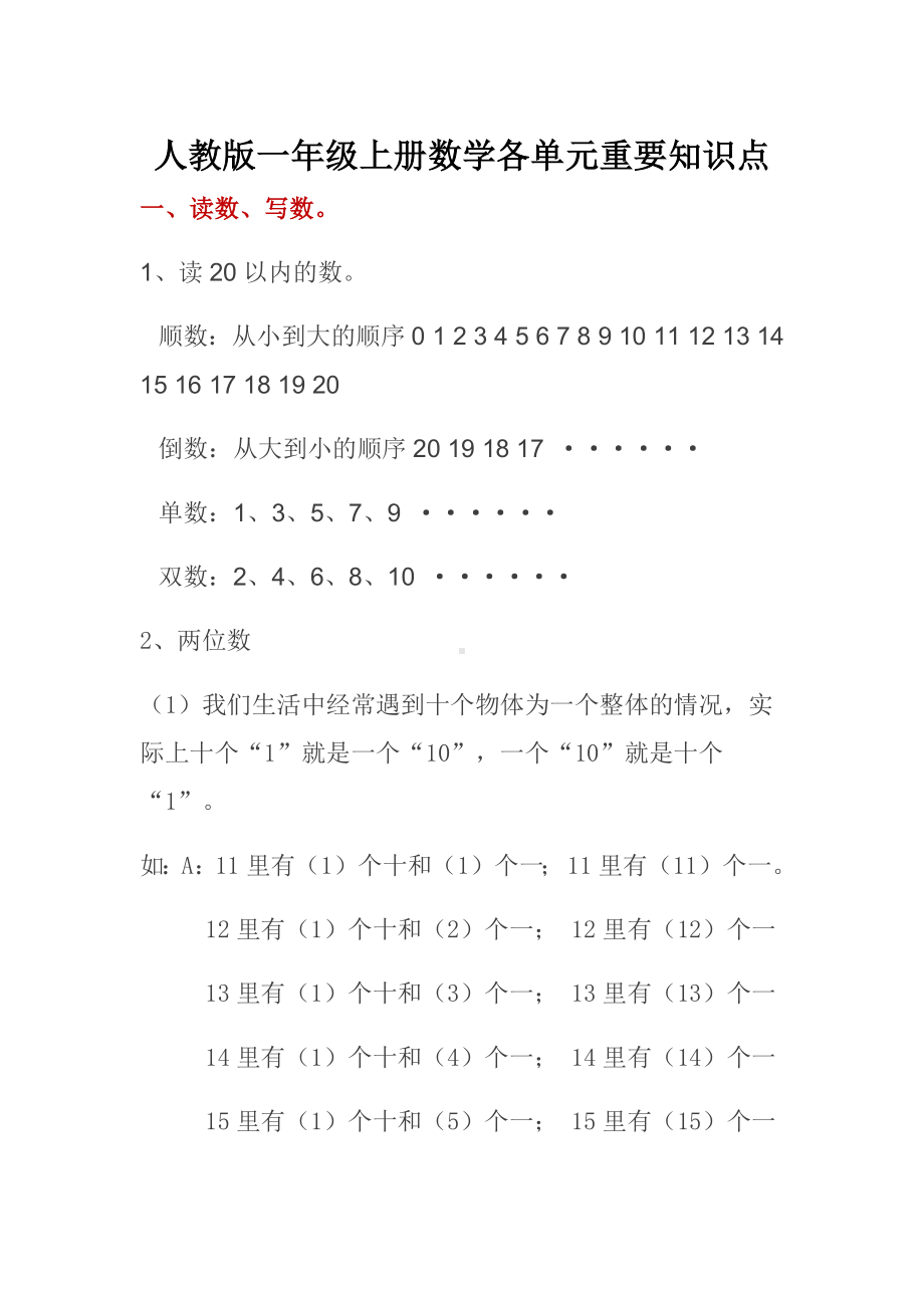 人教版小学一年级数学上册知识点整理汇总.docx_第1页