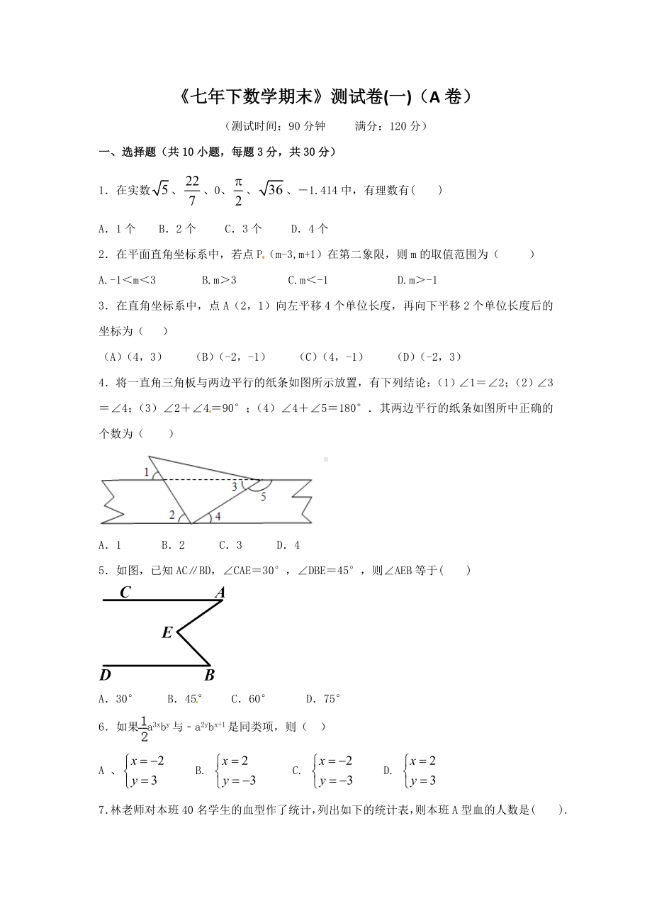 人教版七年级数学下册期末模拟试题及答案(共5套).doc_第1页