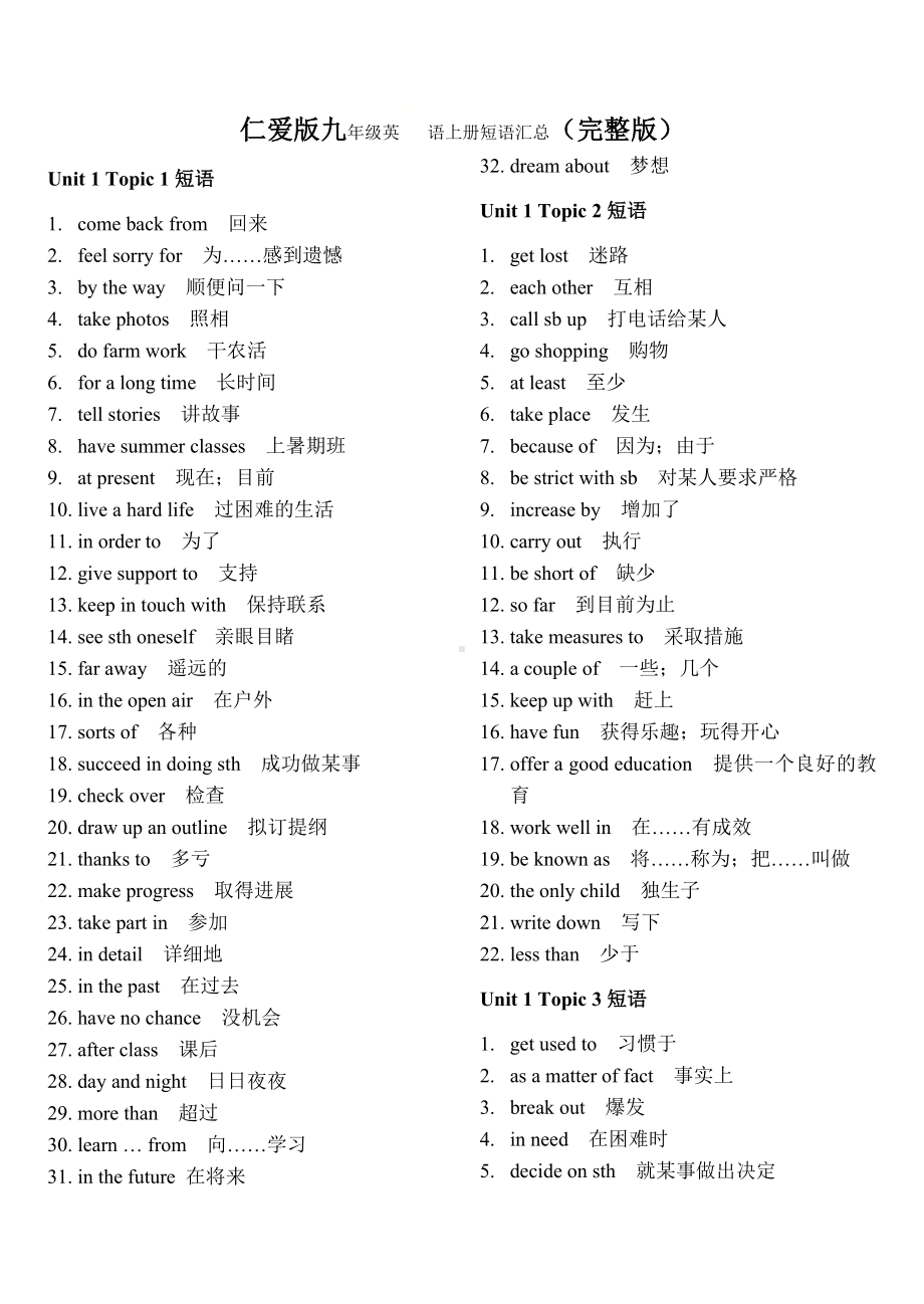 仁爱版九年级英语上册词汇和短语汇总.doc_第1页