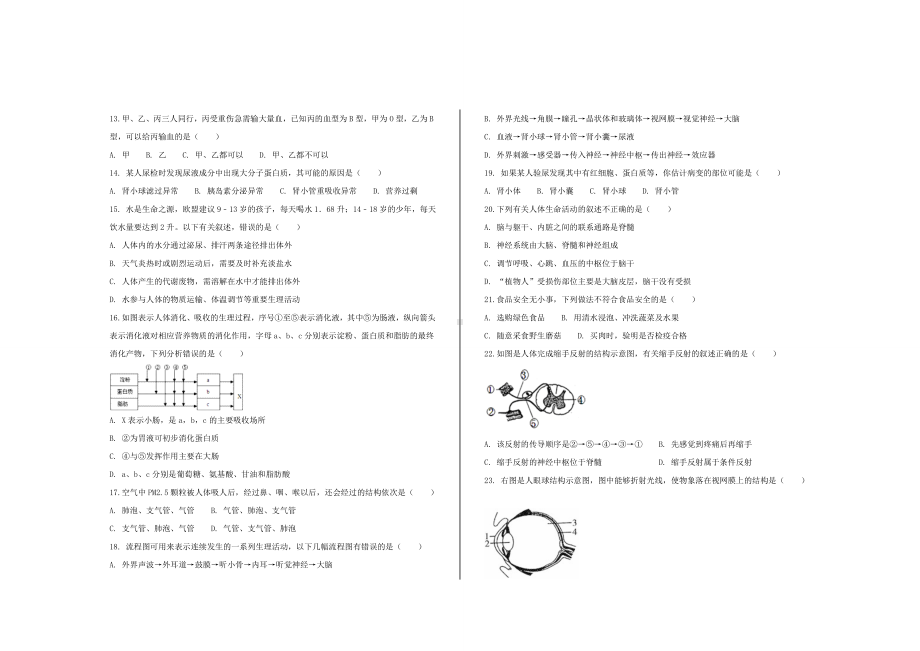 2020年人教版七年级生物下册期末考试试题及参考答案.doc_第2页