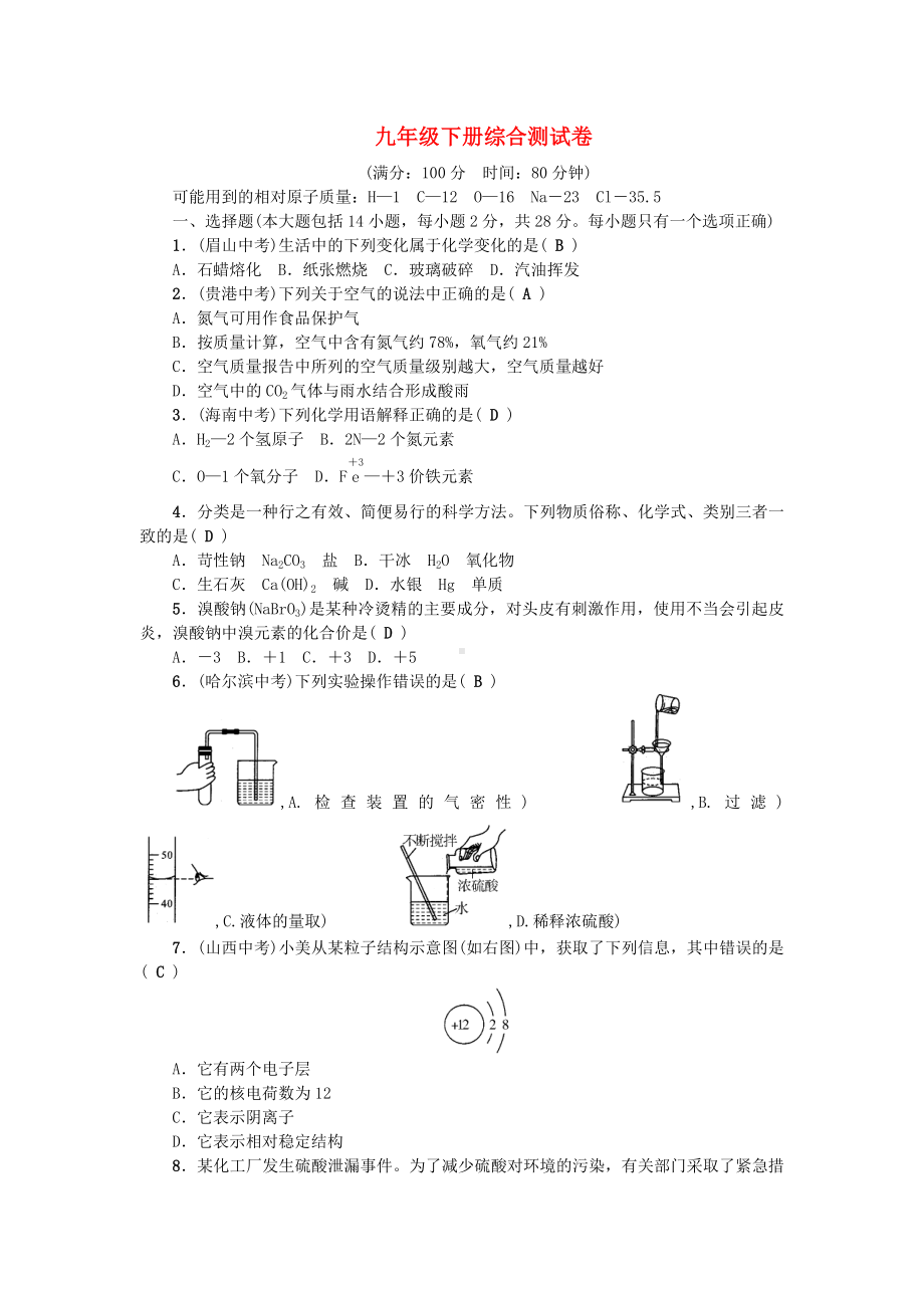 九年级化学下册综合测试卷新版新人教版.doc_第1页