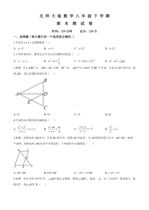 2020年北师大版八年级下册数学《期末考试试题》及答案.doc