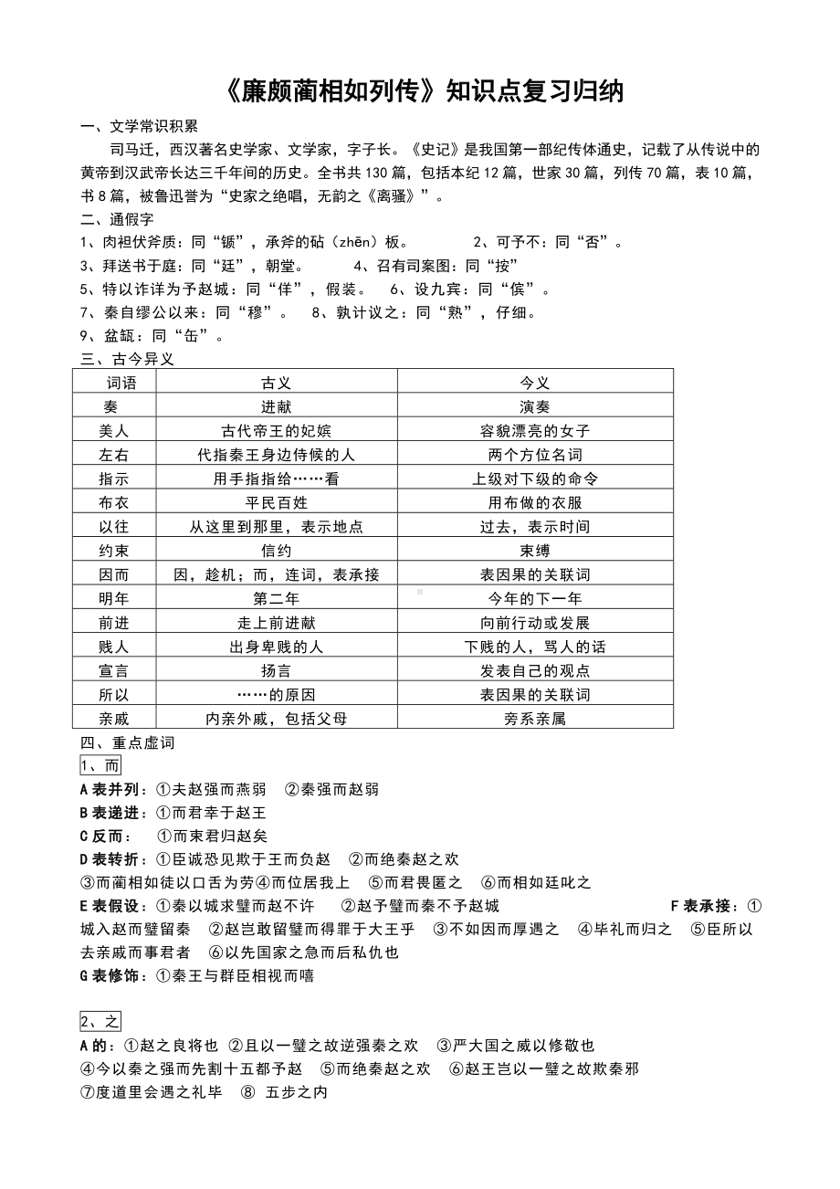 《廉颇蔺相如列传》的知识点复习归纳.doc_第1页