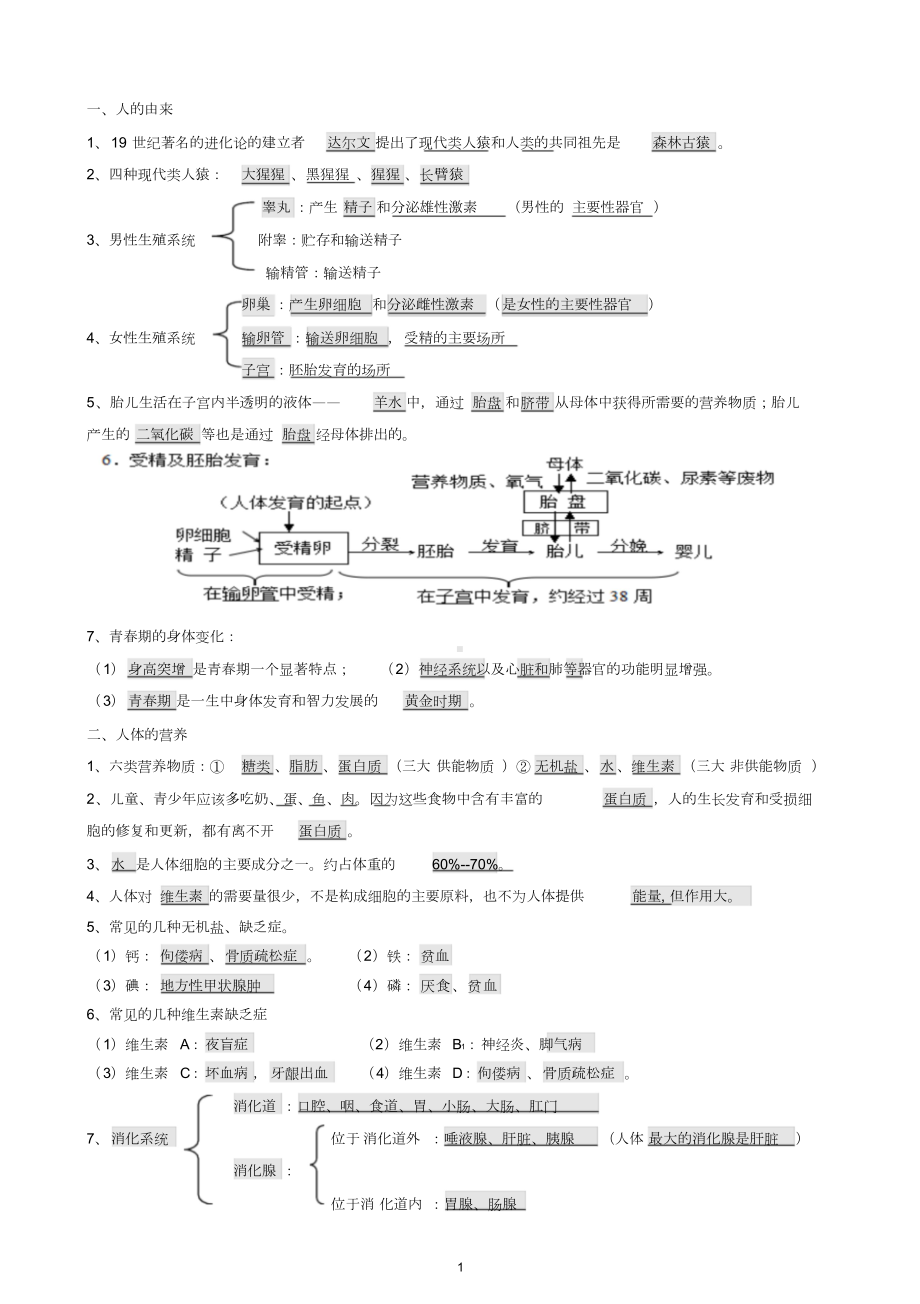 人教版七年级生物下册背诵资料(打印版).doc_第1页