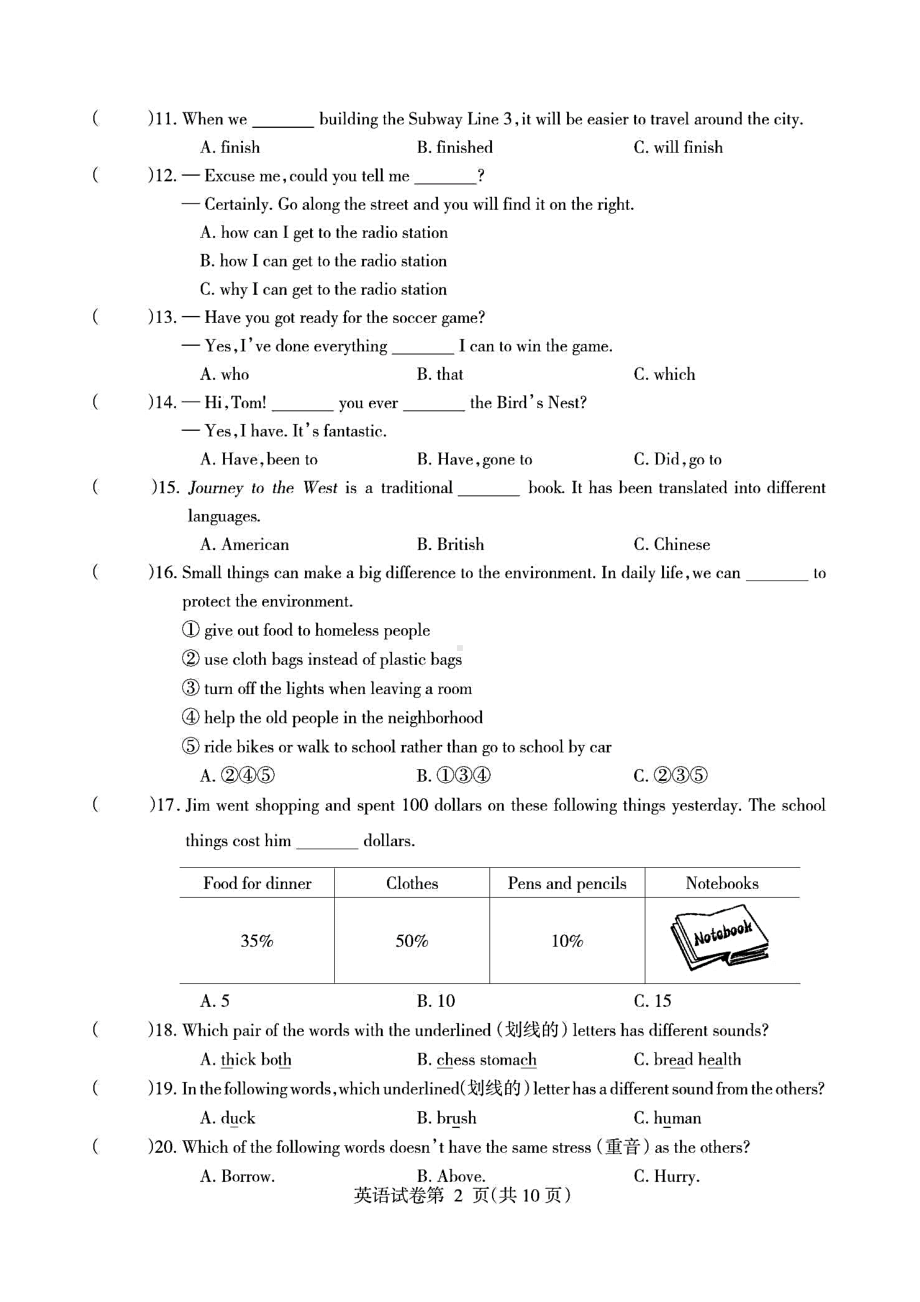 2019年哈尔滨中考英语试卷(含答案).docx_第2页