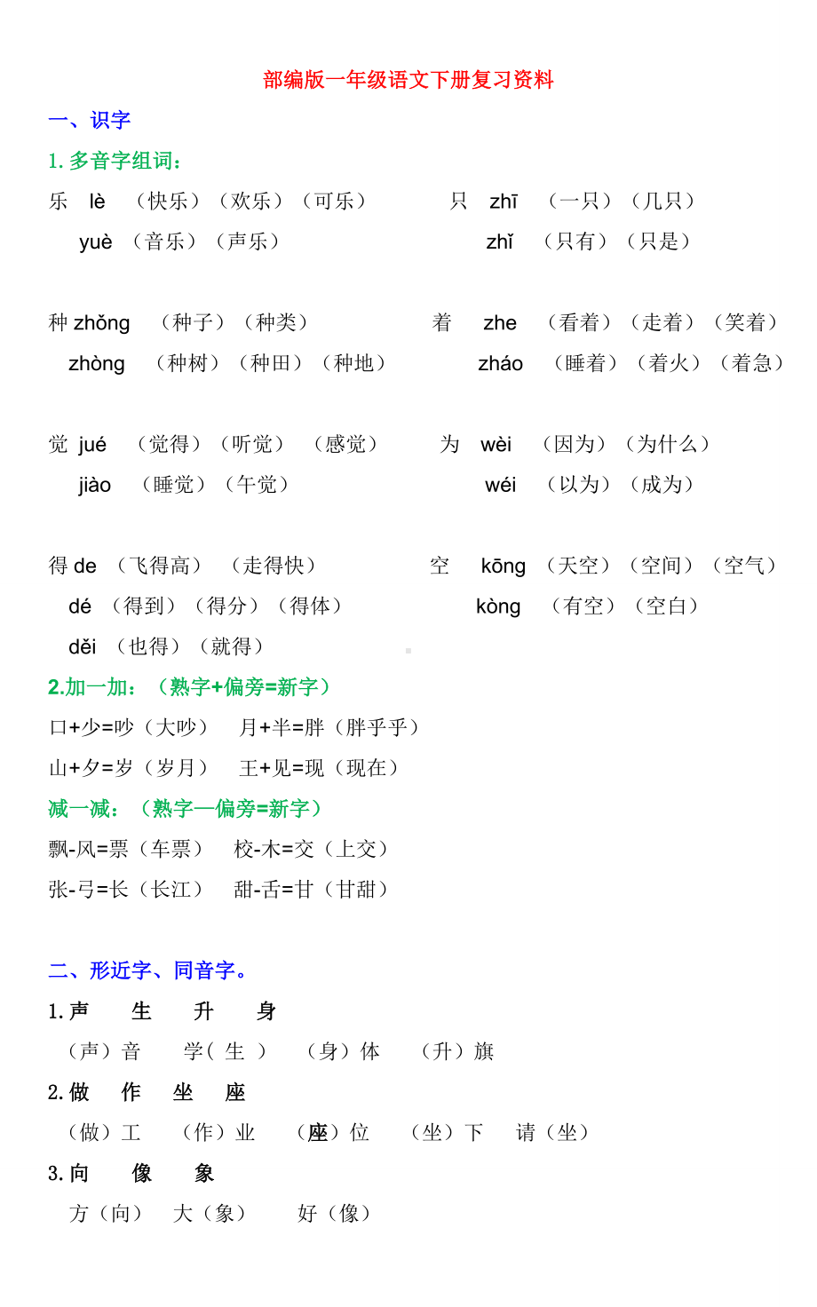 (完整版)部编一年级下册复习资料(字词句运用全练习).doc_第1页