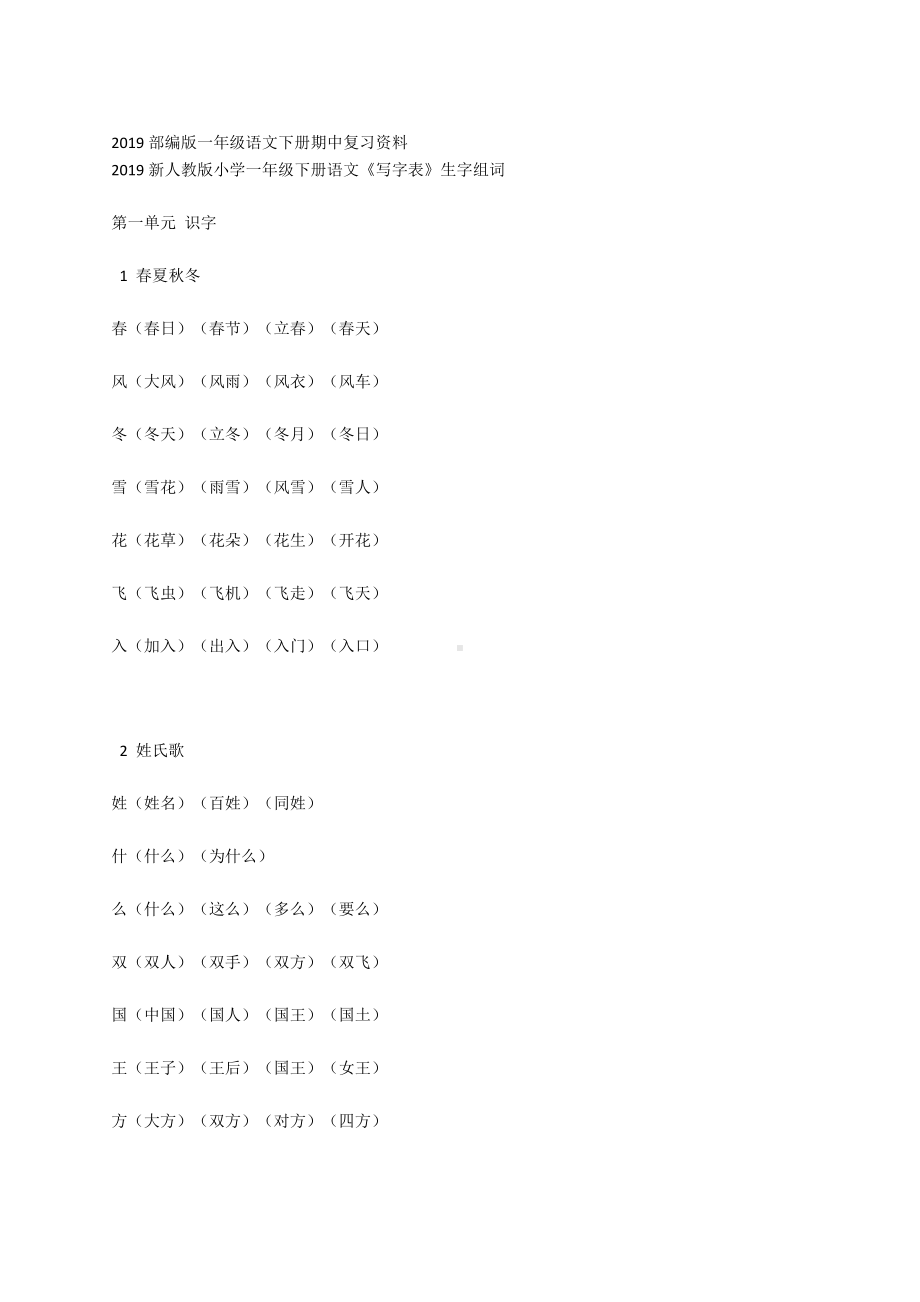 2019部编版一年级语文下册期中复习资料.docx_第1页