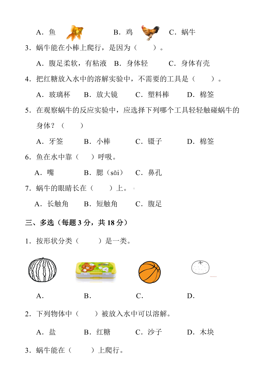 （科教版）一年级下册科学《期末考试卷》含答案.doc_第2页