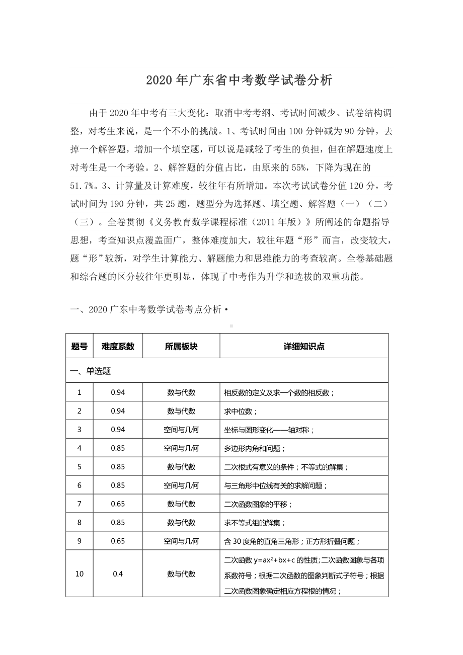 2020年广东省中考数学试卷分析4.doc_第1页