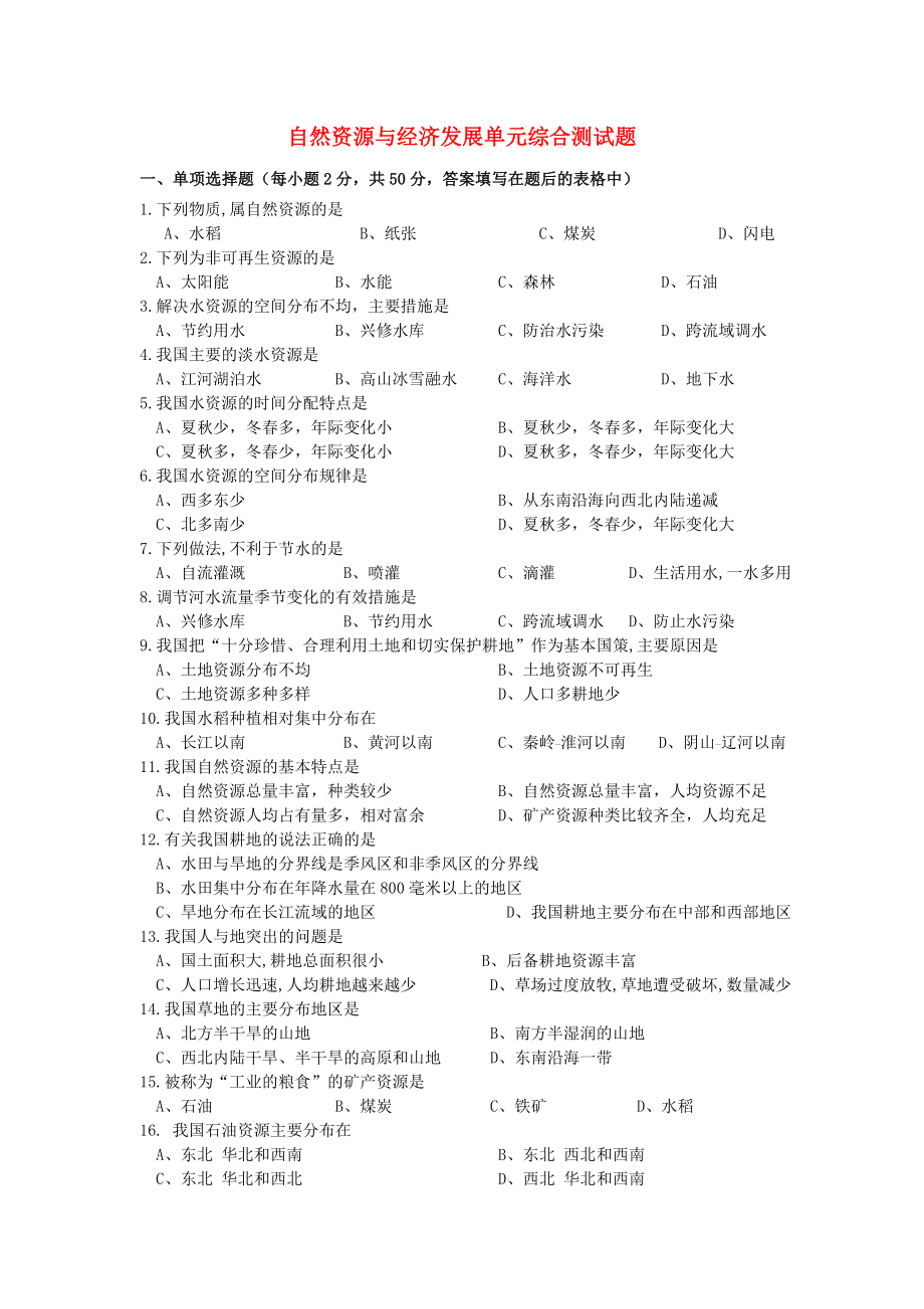 七年级地理下册-第四章-自然资源与经济发展单元综合测试题-中图版1.doc_第1页