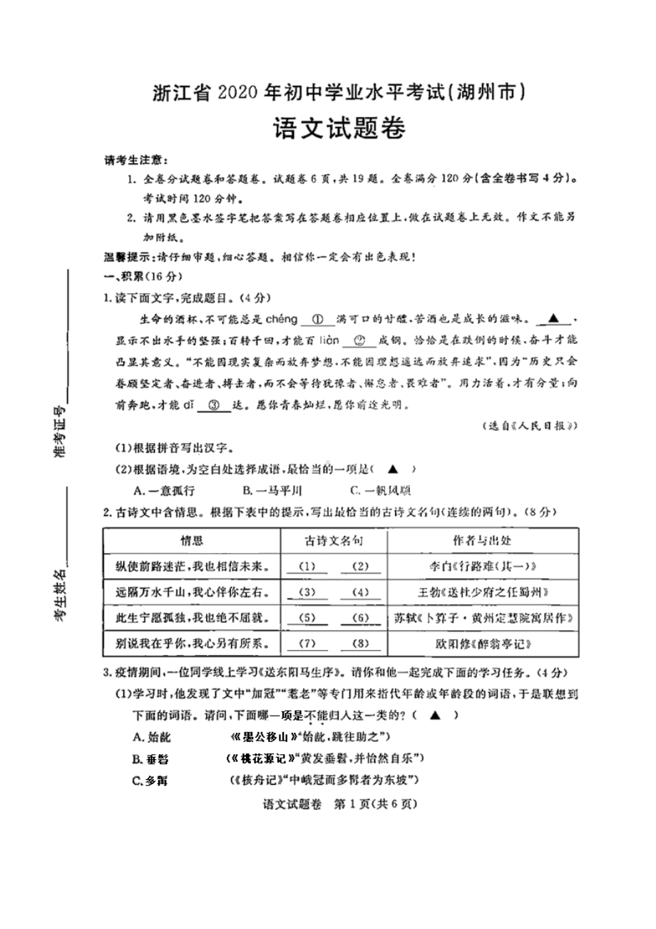 2020年浙江省湖州市中考语文试题卷(含答案和解析).docx_第1页