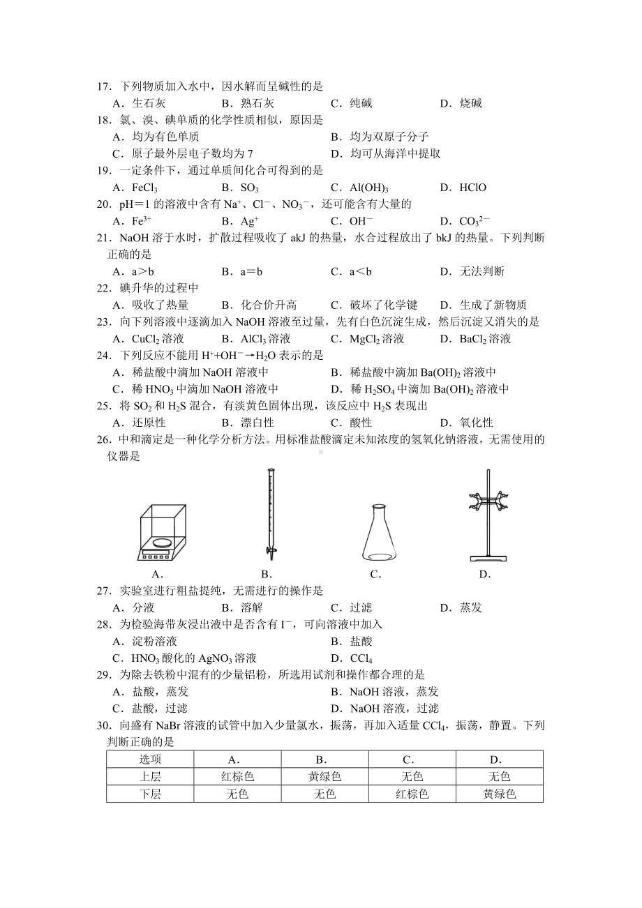 2019年上海市普通高中学业水平合格性考试化学试卷(含答案).doc_第2页