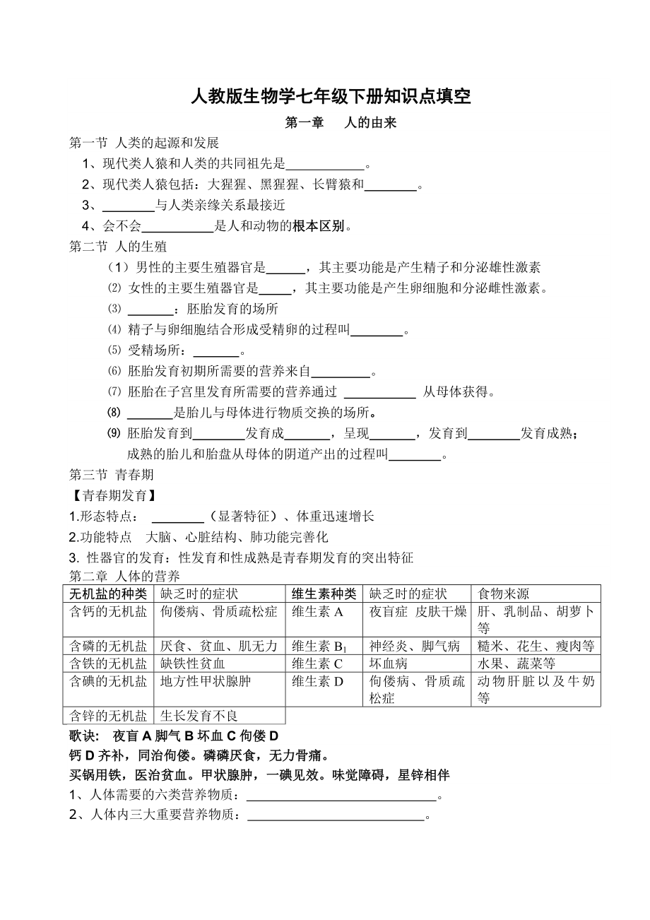 七年级生物下册知识点填空题库.doc_第1页