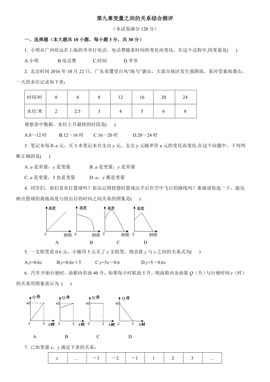 2020年鲁教版(五四制)六年级下册数学第九章变量之间的关系单元测试卷及答案.doc_第1页