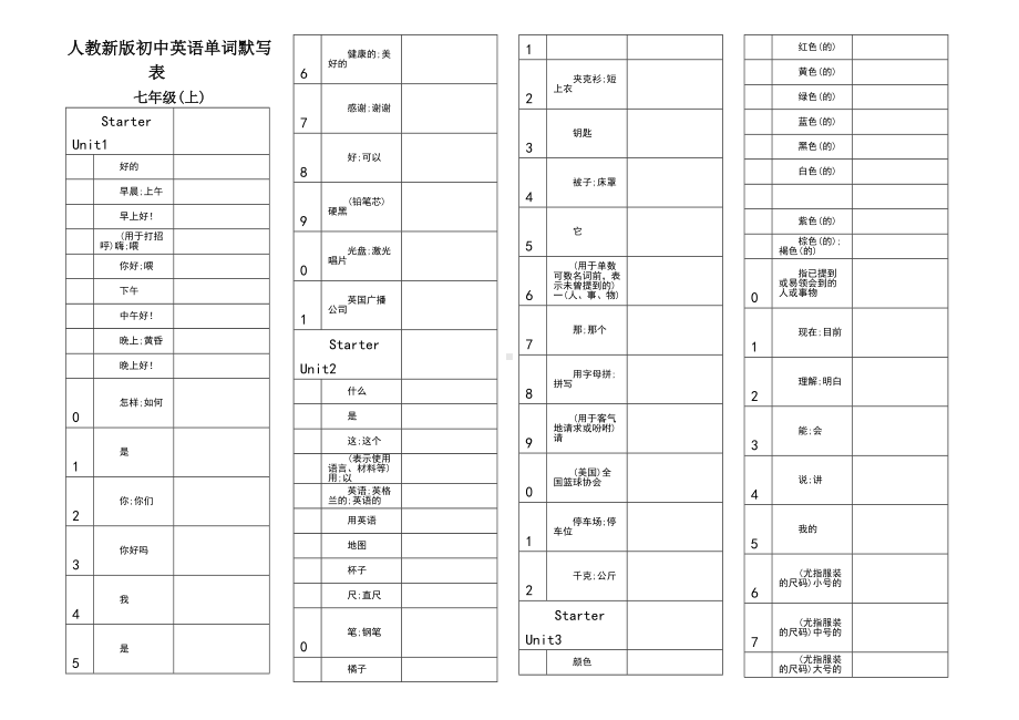 七年级上册英语单词默写表(直接打印).doc_第1页