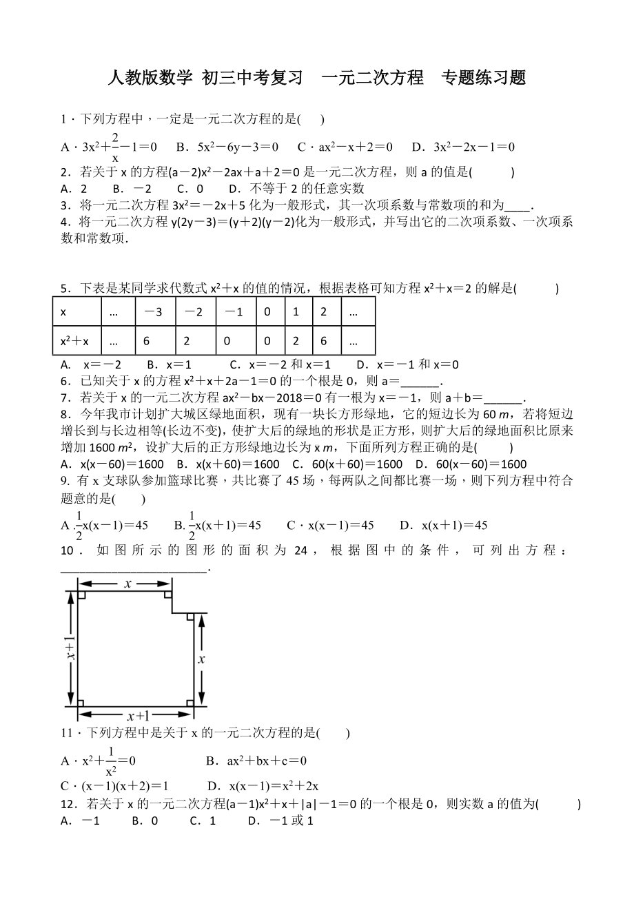 人教版数学中考复习《一元二次方程》专题练习题含答案.doc_第1页