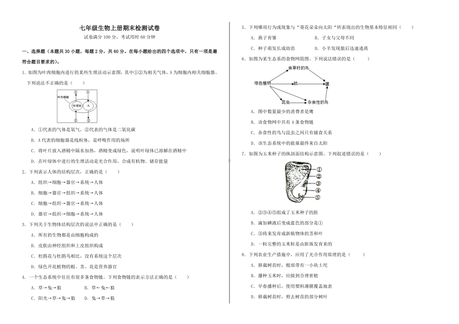 七年级生物上册期末检测试卷及答案.doc_第1页