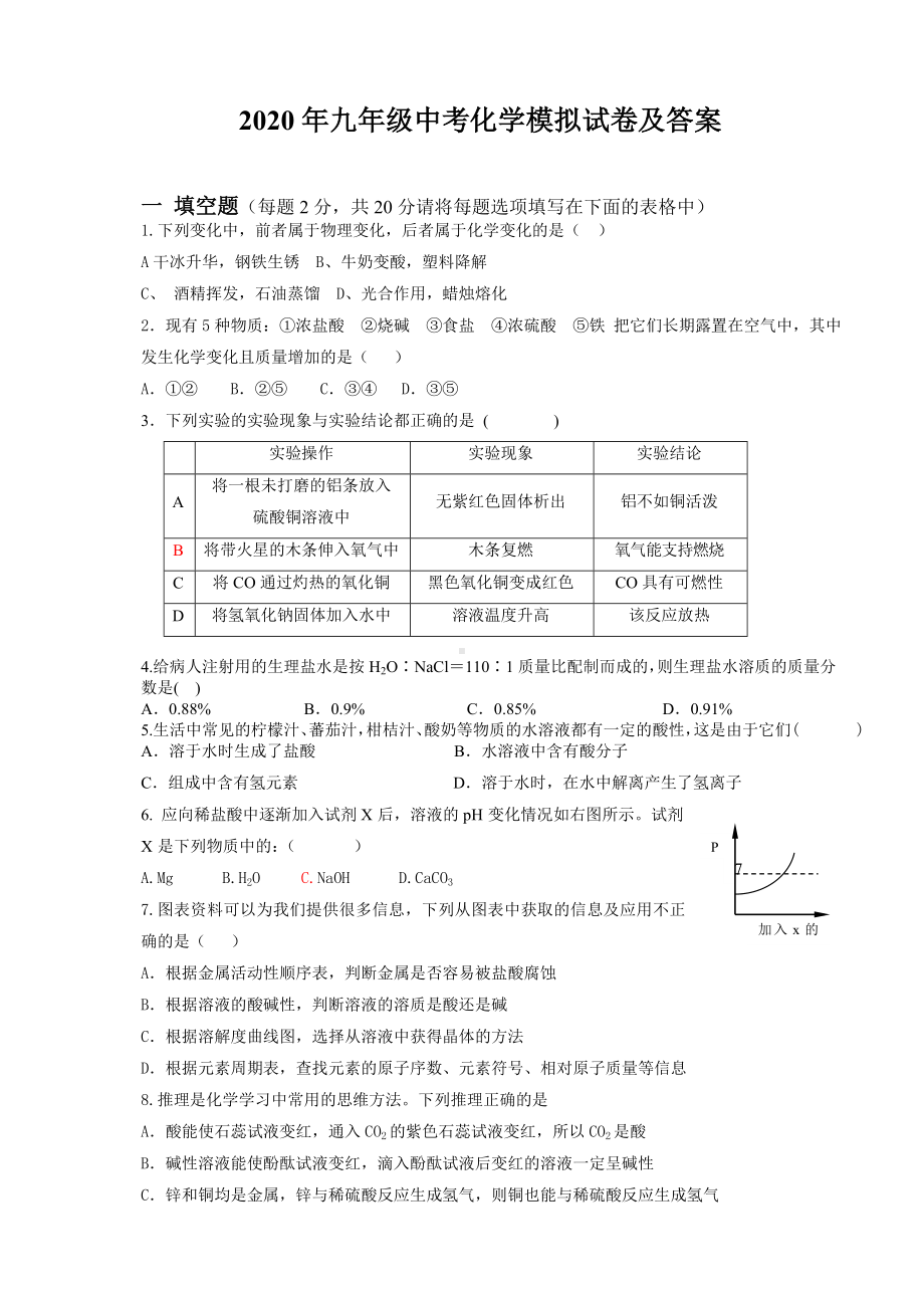 2020年九年级化学中考模拟试卷及答案.doc_第1页