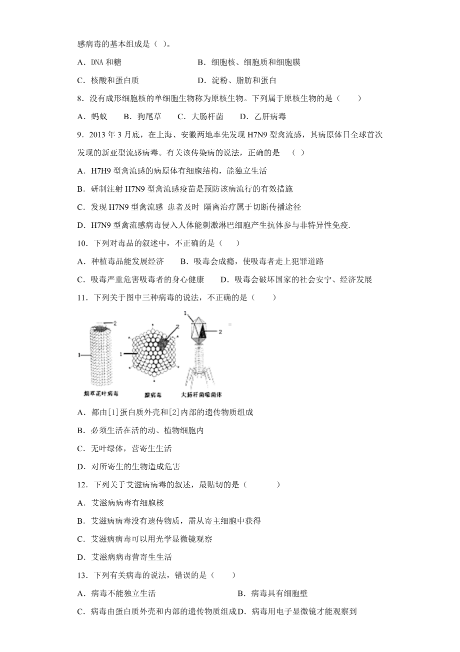 人教版生物八年级上册第五单元第五章《病毒》测试题(含答案).docx_第2页