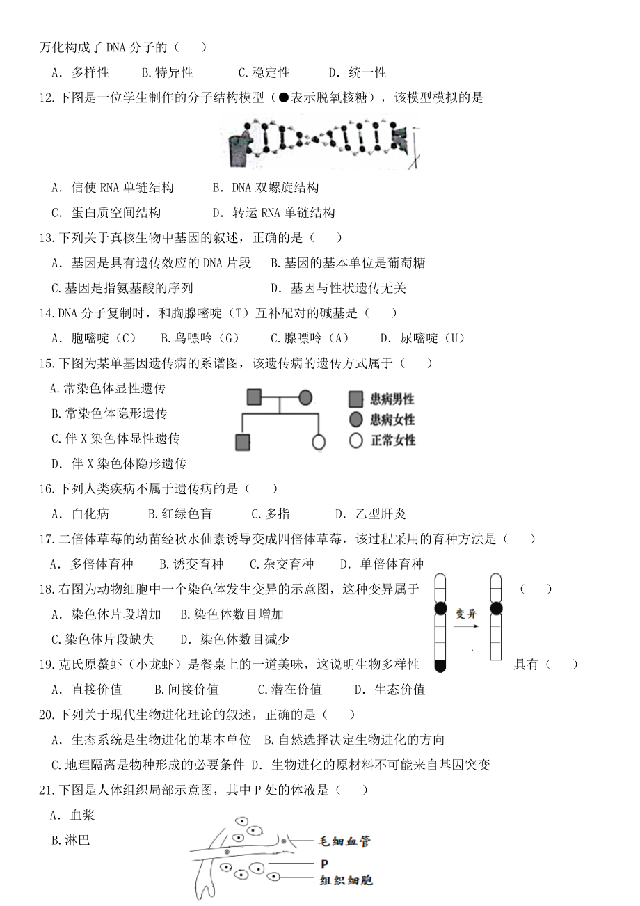 2019年江苏小高考-生物试题(含答案).doc_第2页