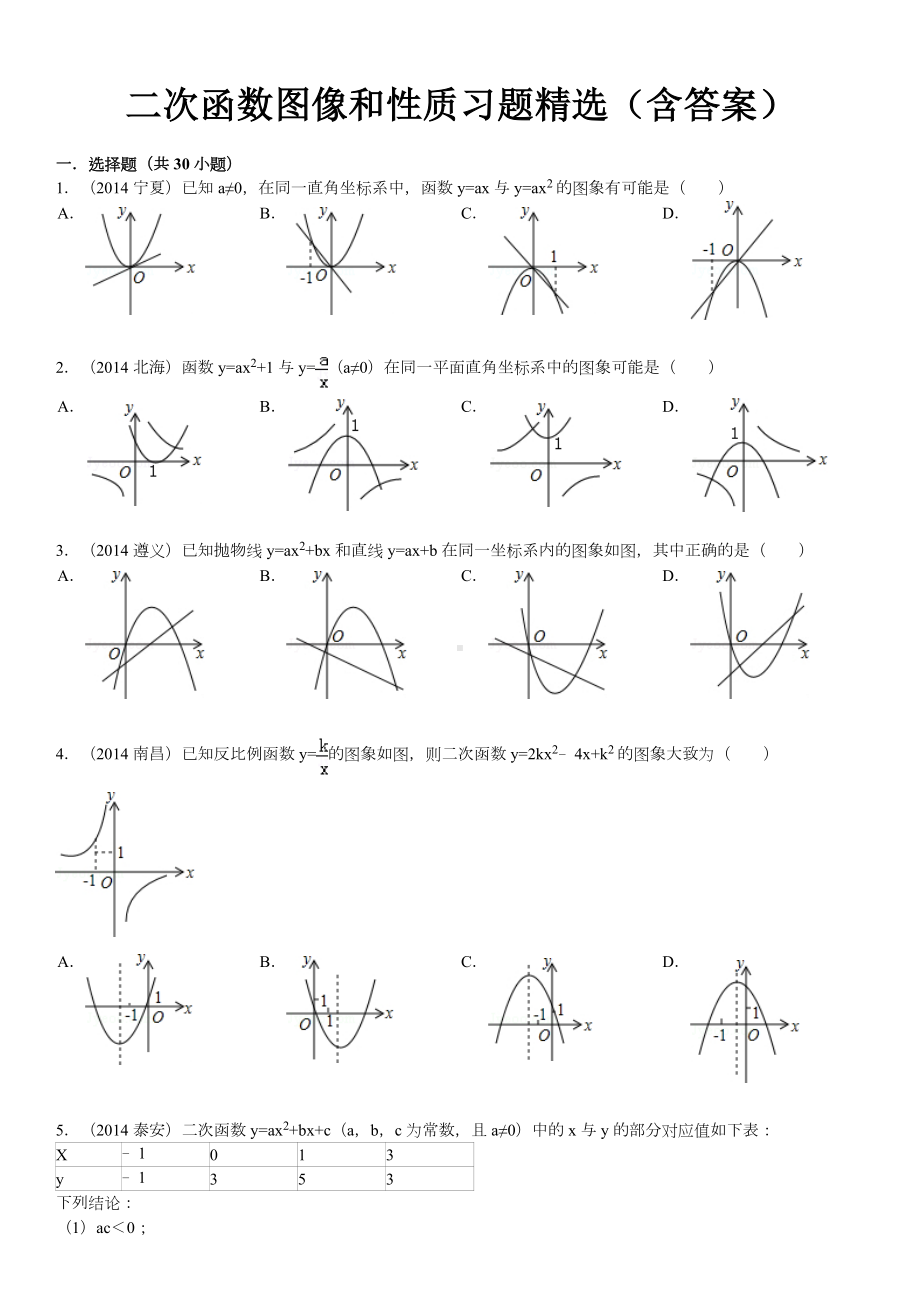 二次函数图像和性质习题精选(含答案).doc_第1页