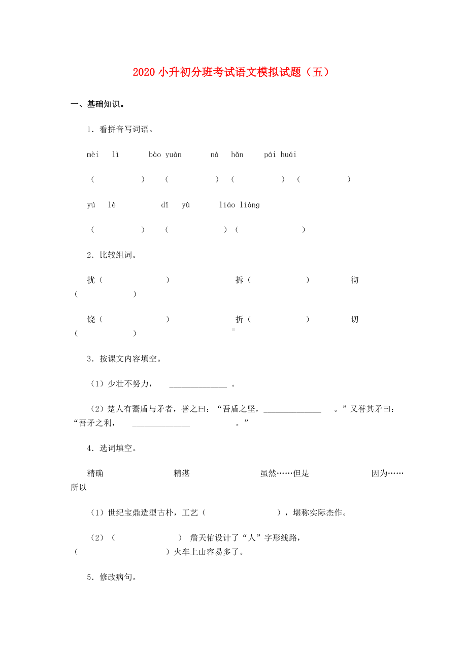 2020年小升初语文分班考试模拟试题(五).doc_第1页