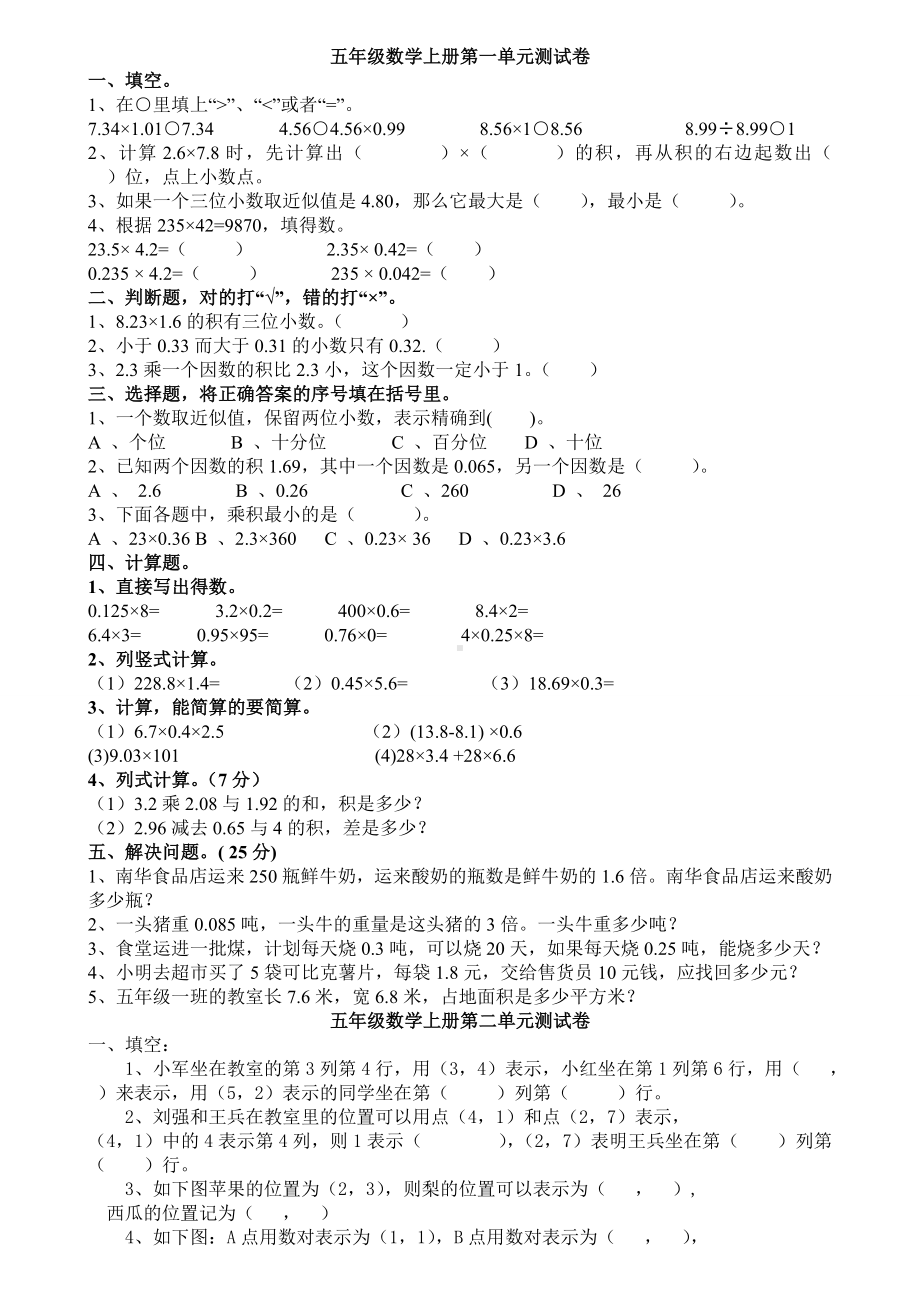 人教新版五年级上册数学各单元测试卷.doc_第1页