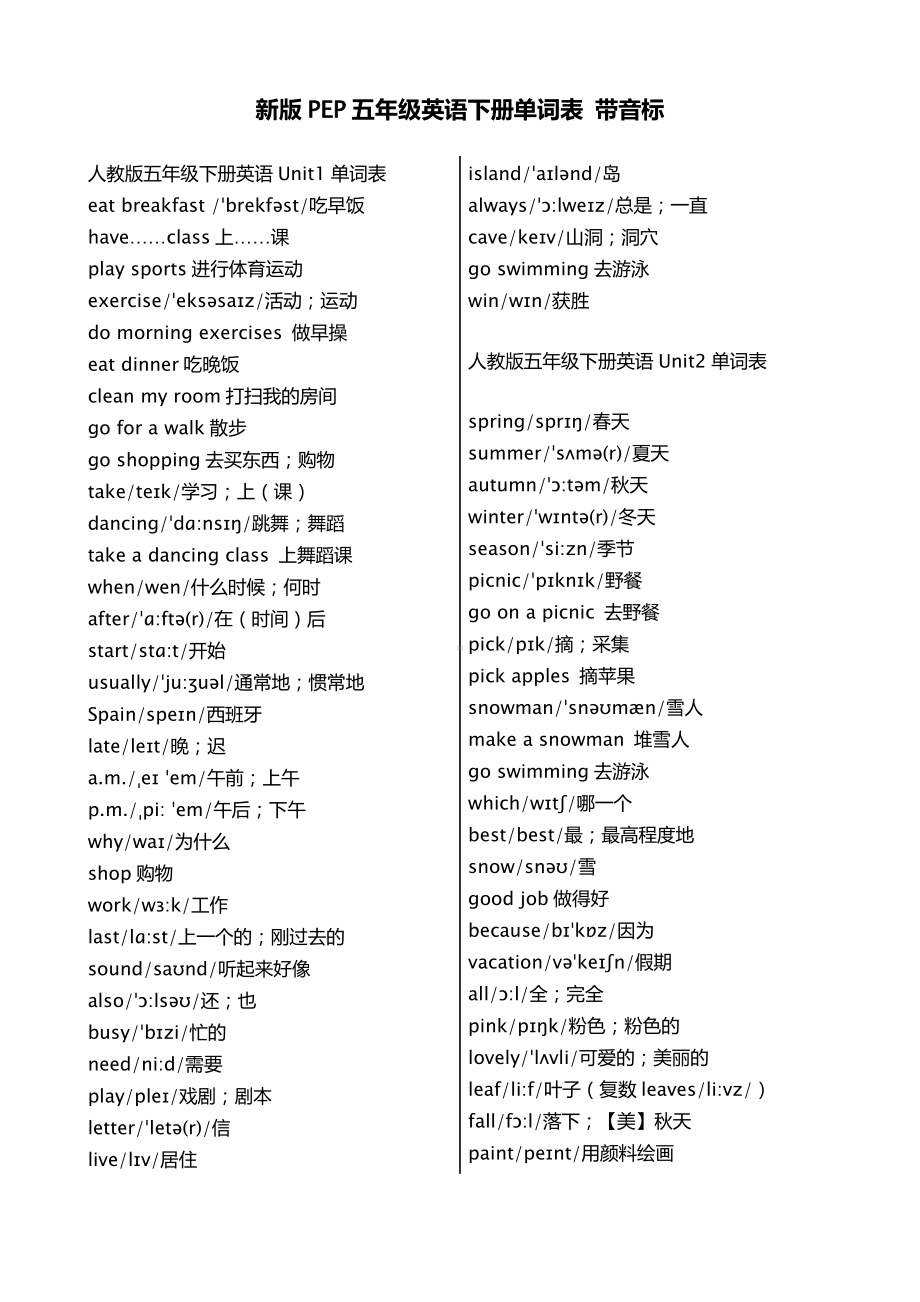 (完整版)新版pep五年级英语下册单词表带音标(2).doc_第1页