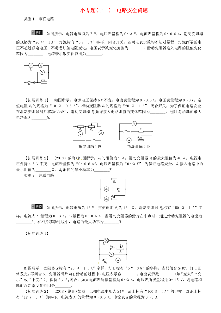 2019年中考物理总复习小专题十一电路安全问题习题.doc_第1页