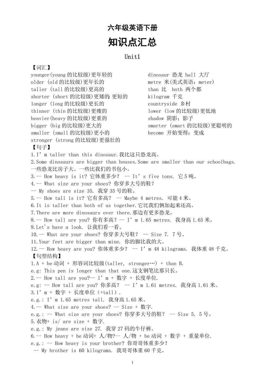 小学英语人教版PEP六年级下册全册知识点汇总（分单元编排）.docx_第1页