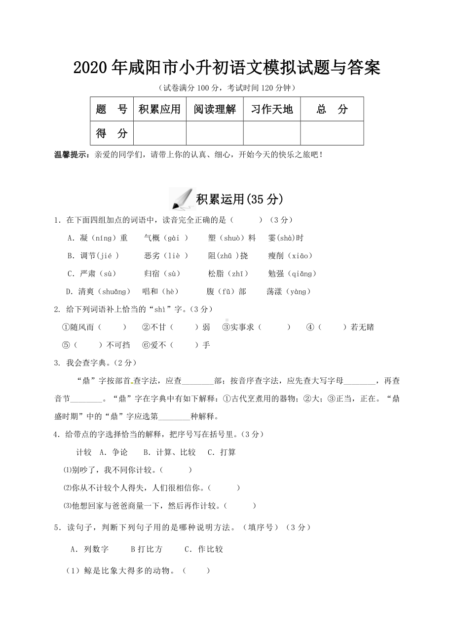 2020年咸阳市小升初语文模拟试题与答案.doc_第1页