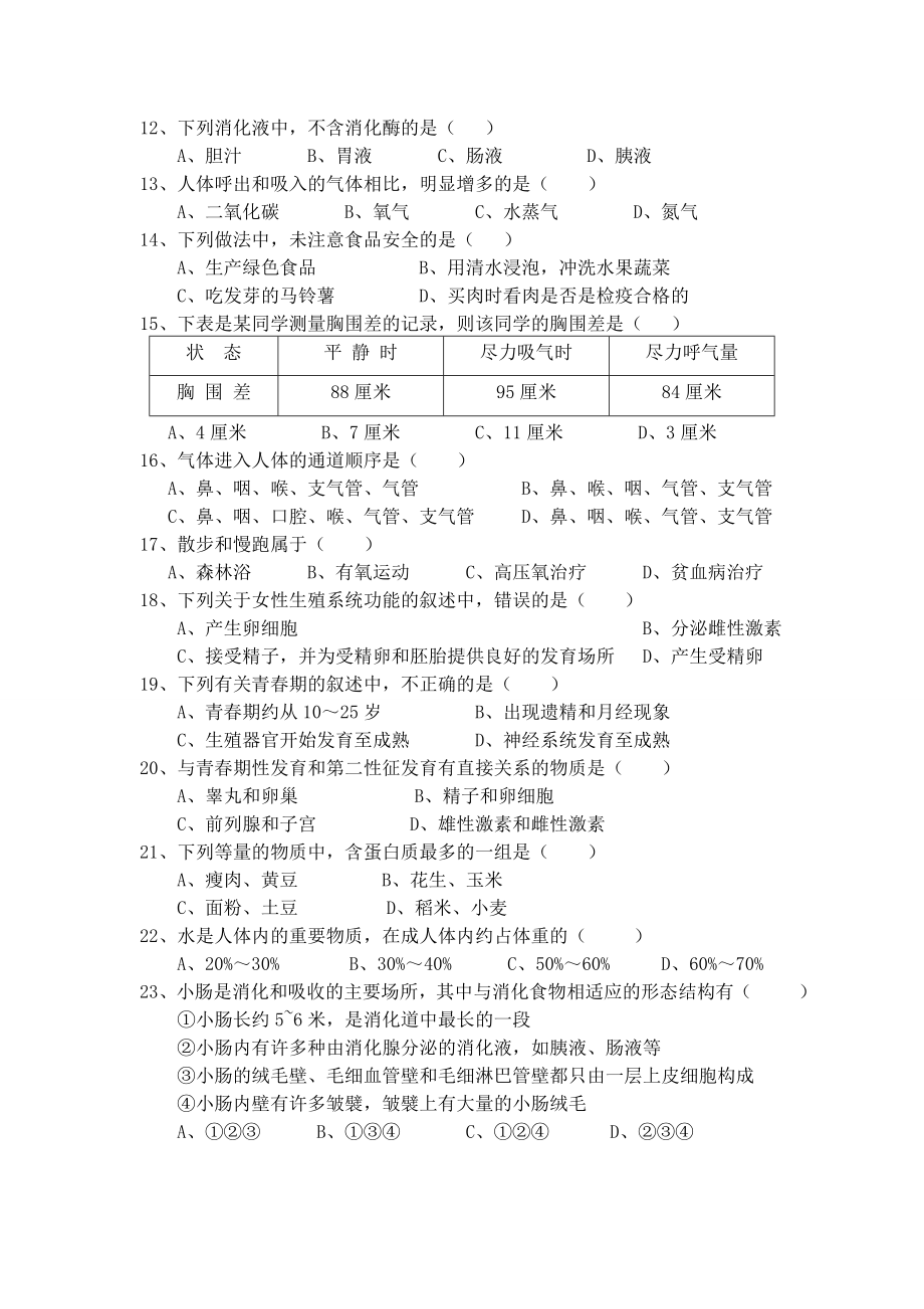 七年级下人教版生物下册期中考试题及答案.doc_第2页