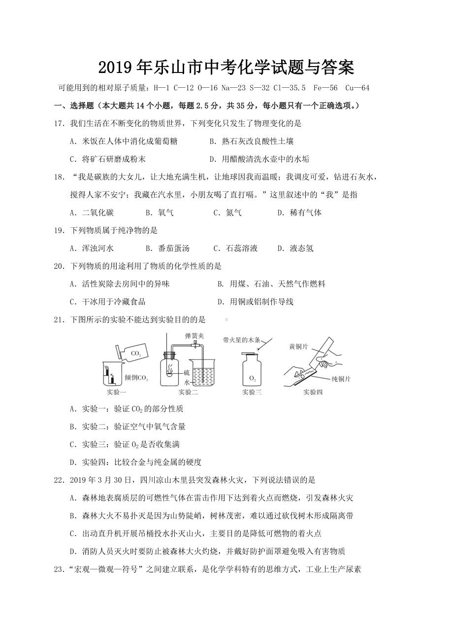 2019年乐山市中考化学试题与答案.doc_第1页