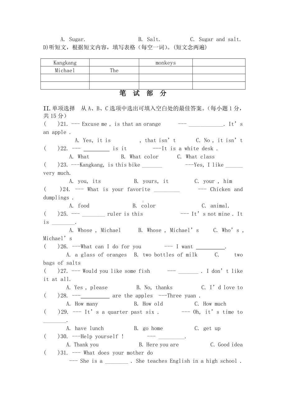 仁爱英语七年级上期末试卷及答案.docx_第2页